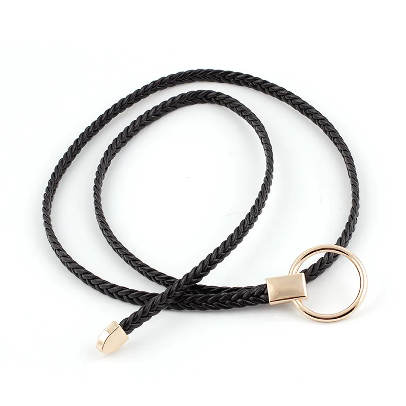 Ремень женский Плетеный тонкий простой кожаный плетеный пояс с золотой пряжкой