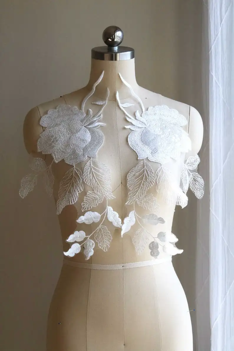 

2 Pairs Top Quality Clear Sequin Lace Applique Flower Patch Applique Wedding Dress Accessories