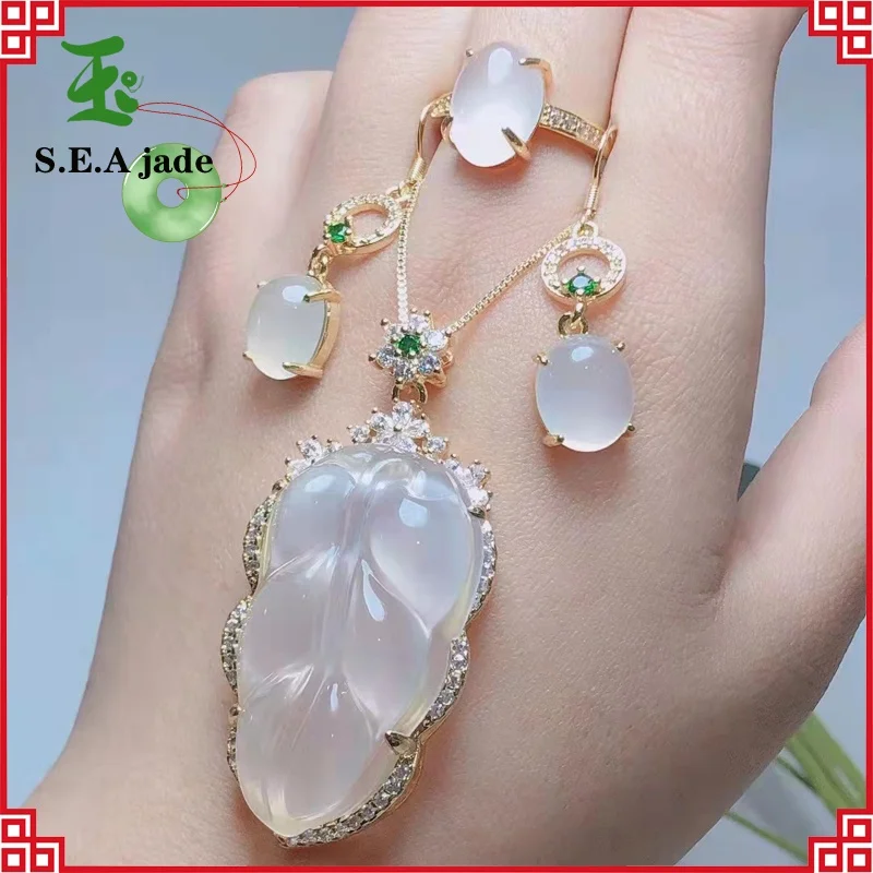 

Natural Ice Seed Through Inlaid Chalcedony Golden Branch Jade Leaf Pendant S925 Silver Ring Temperament Three-piece Collection