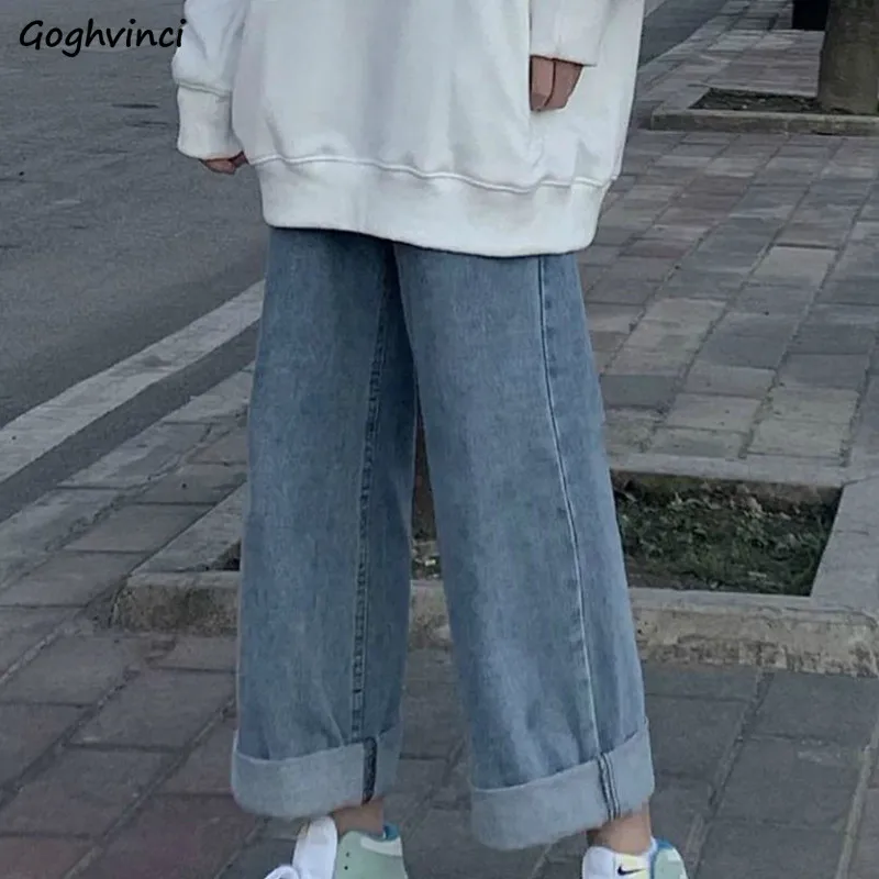 

Streetwear Students Spring Long BF Denim Wide-leg Women Solid Korean-style Jeans Washed 2XL All-match Autumn Loose Trendy Chic W