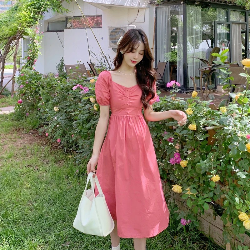 

2021 New Summer Fashion Casual Plus Size Dress Women Square Collar Button Puff Sleeve Mid-Calf Slim A-line Skirt Ladies M151