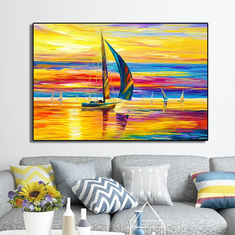 

100% Hand Painted Abstract Golden Ocean Sailing Painting On Canvas Wall Art Frameless Picture Decoration For Live Room Home Deco