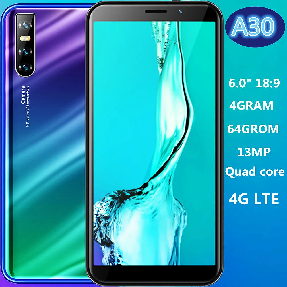 

A30 Global Version Smartphones 4G LTE 64G ROM 13MP Quad Core 6.0INCH IPS Face ID Unlocked Android Mobile Phones Cheap Celulares