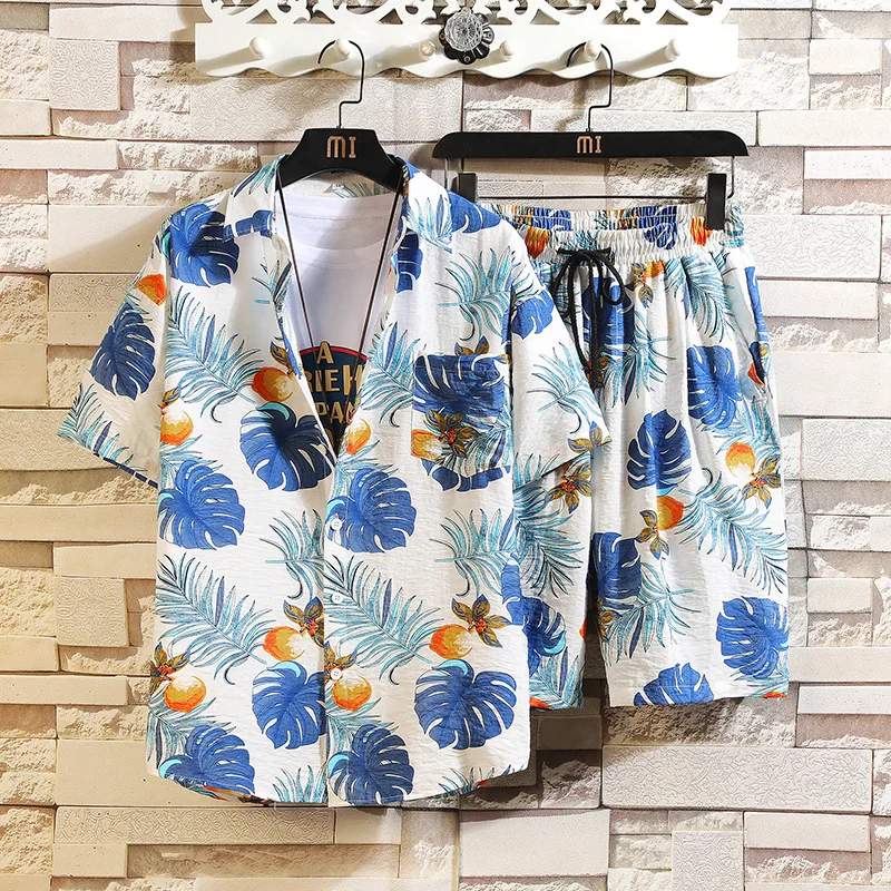 

2021 Summer Men's Hawaii Beach Shirt Set Fashion Trend Loose Color Suit Comfortable and Cotton Mens Sweatsuit