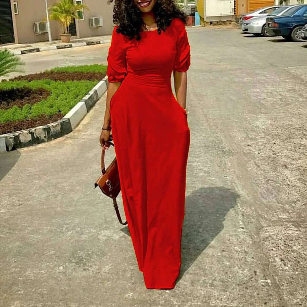 

Summer Elegant Long Dress Women Red Black Yellow Fashion Office Ladies Pocket Casual Vestidos Ruffles Sleeve Maxi Dresses