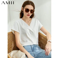 amii minimalism summer blouse for women fashion asymmetry vneck chiffon blouses office lady loose shirts female tops 12120144