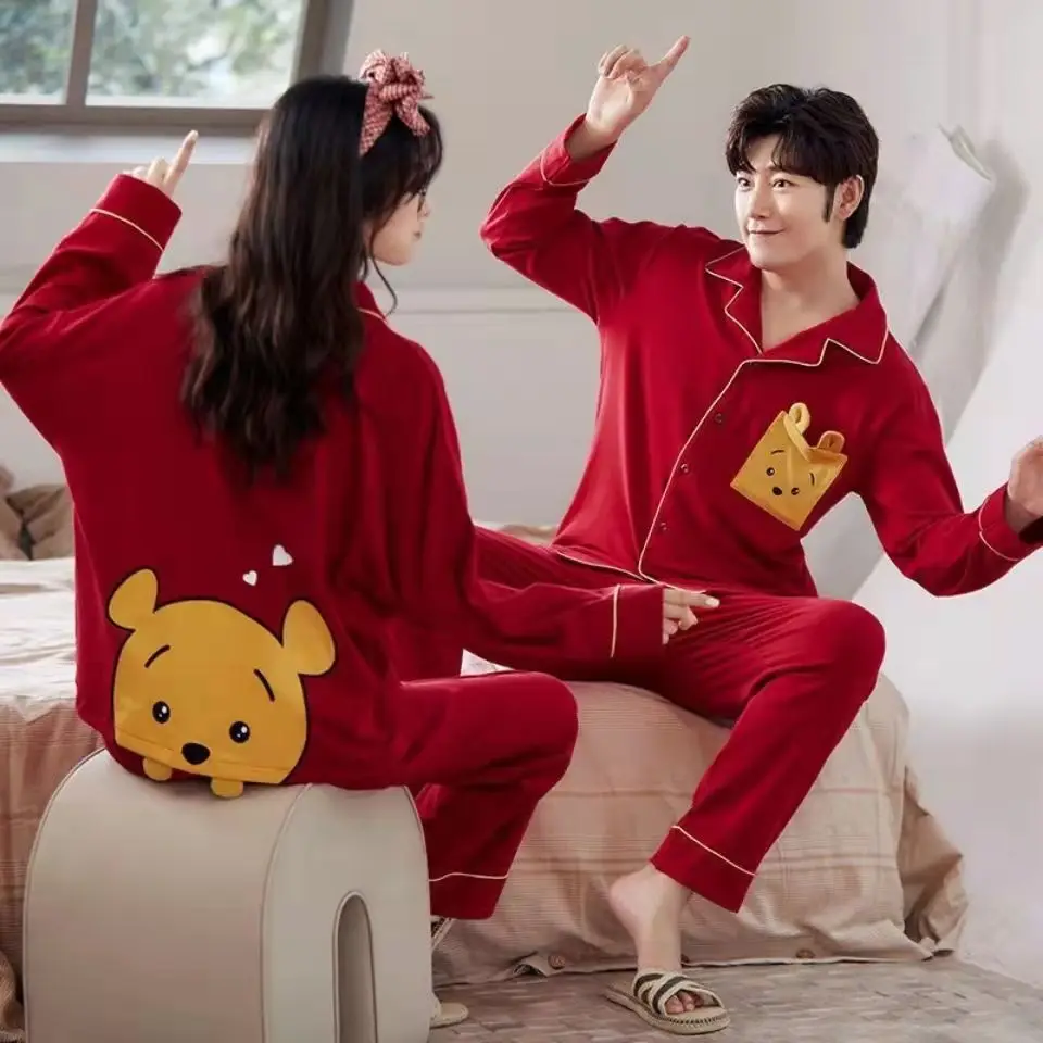 Marry Pajamas for Women Men Red Sleepwear Couple Lovers Matching Pijama with Pants Japanese Cartoon Bear Home Clothing Mujer 