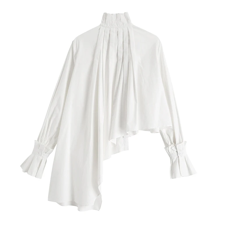 

[EAM]Women White Irregular Pleated Vintage Blouse New Stand Collar Long Sleeve Loose Fit Shirt Fashion Spring Autumn 2021 1DA738