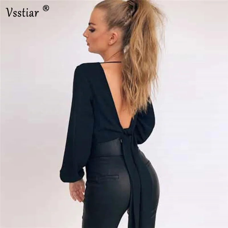 

Vsstiar Long Sleeve Women Blouse Sexy V Neck Backless Autumn Shirts White Black Red Streetwear Lace Up Bow Short Blouses