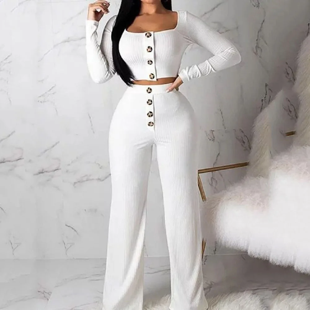 White Spring Women's 2 Piece Knitted Outfits Button Square Collar Long-Sleeve Crop Top Pants Two Set Women Party Clothes | Женская