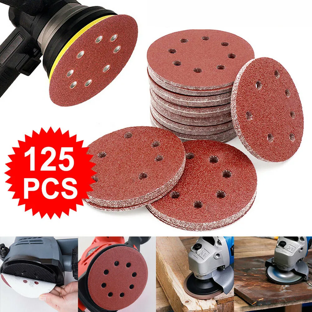

0.8mm Thick Sanding Discs 125mm 125pcs 5inch 60 80 100 120 240 Grit 8 Hole