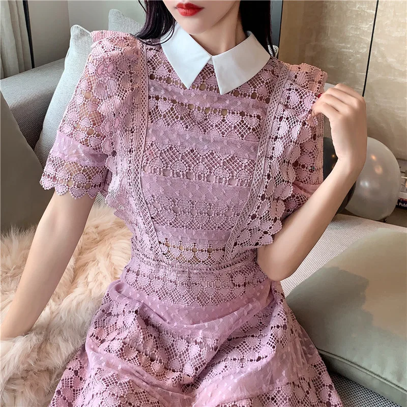 Женское кружевное платье-Автопортрет красное фиолетовое платье с оборками и