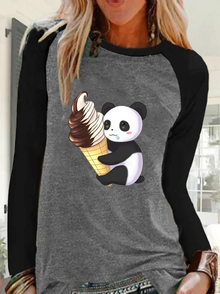 Женская рубашка с длинным рукавом круглым вырезом и принтом панды размера плюс -