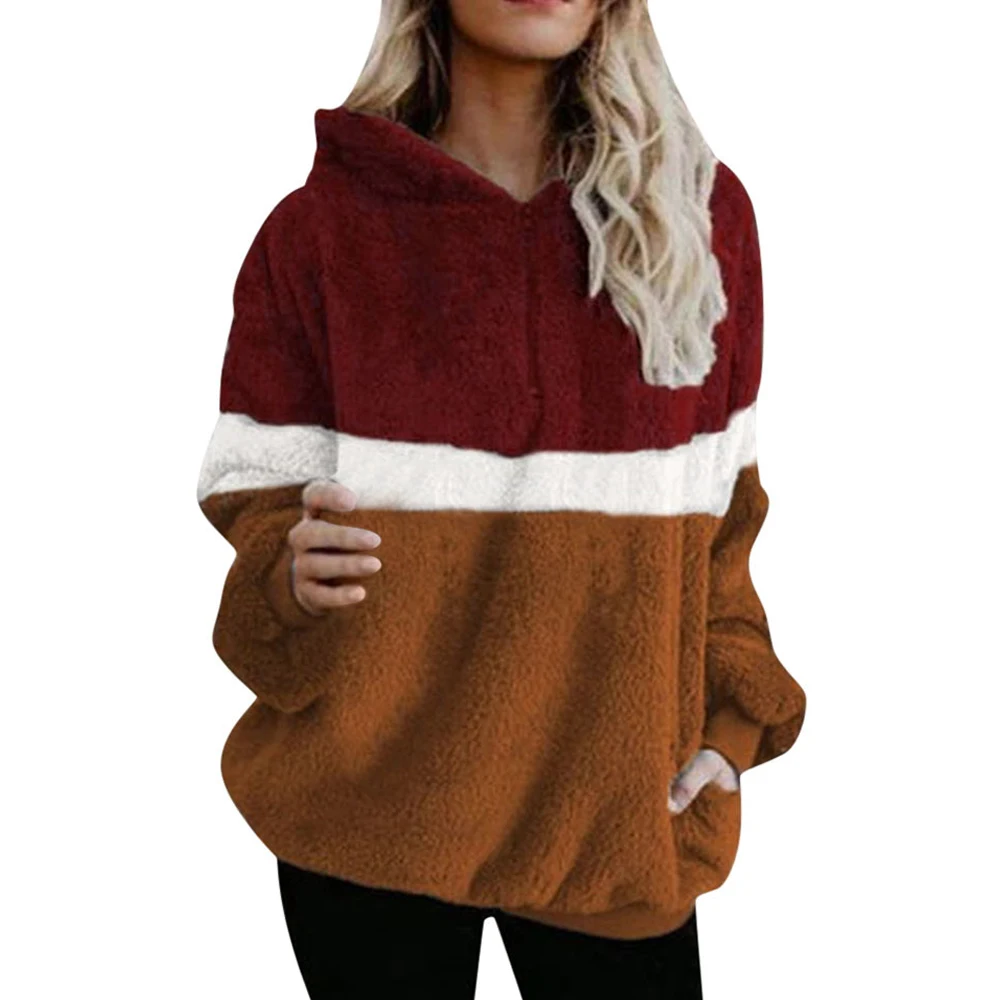 brown 3 OEAK, женские флисовые толстовки,, длинный рукав, с капюшоном, пуловер, толстовка, Осень-зима, теплая, на молнии, с карманами, меховое пальто размера плюс, 5XL - Цвет: brown 3