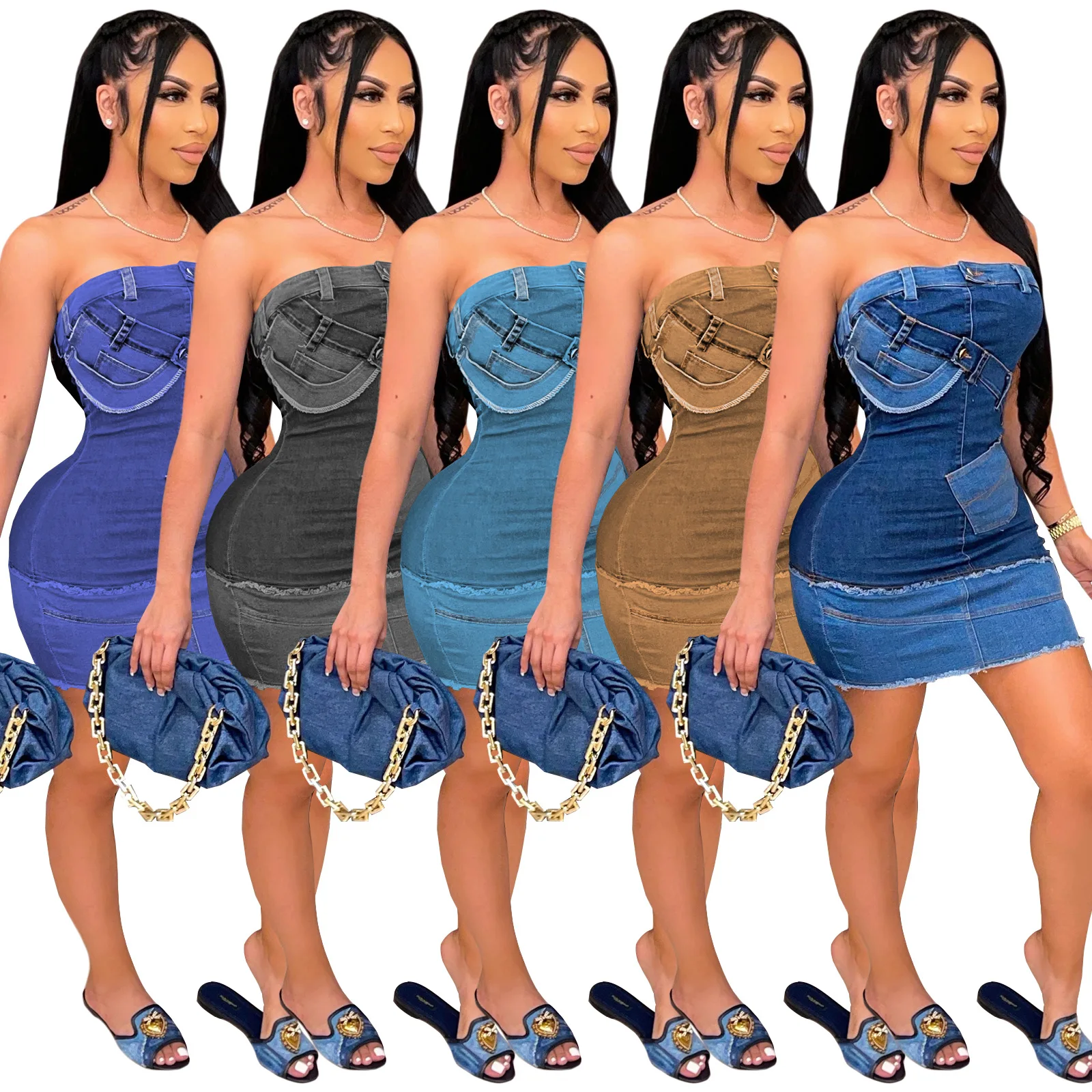 

2021 Summer New Style Fashion Temperament Burnt Tube Top Sleeveless Fashion Sexy Imitation Denim Dress