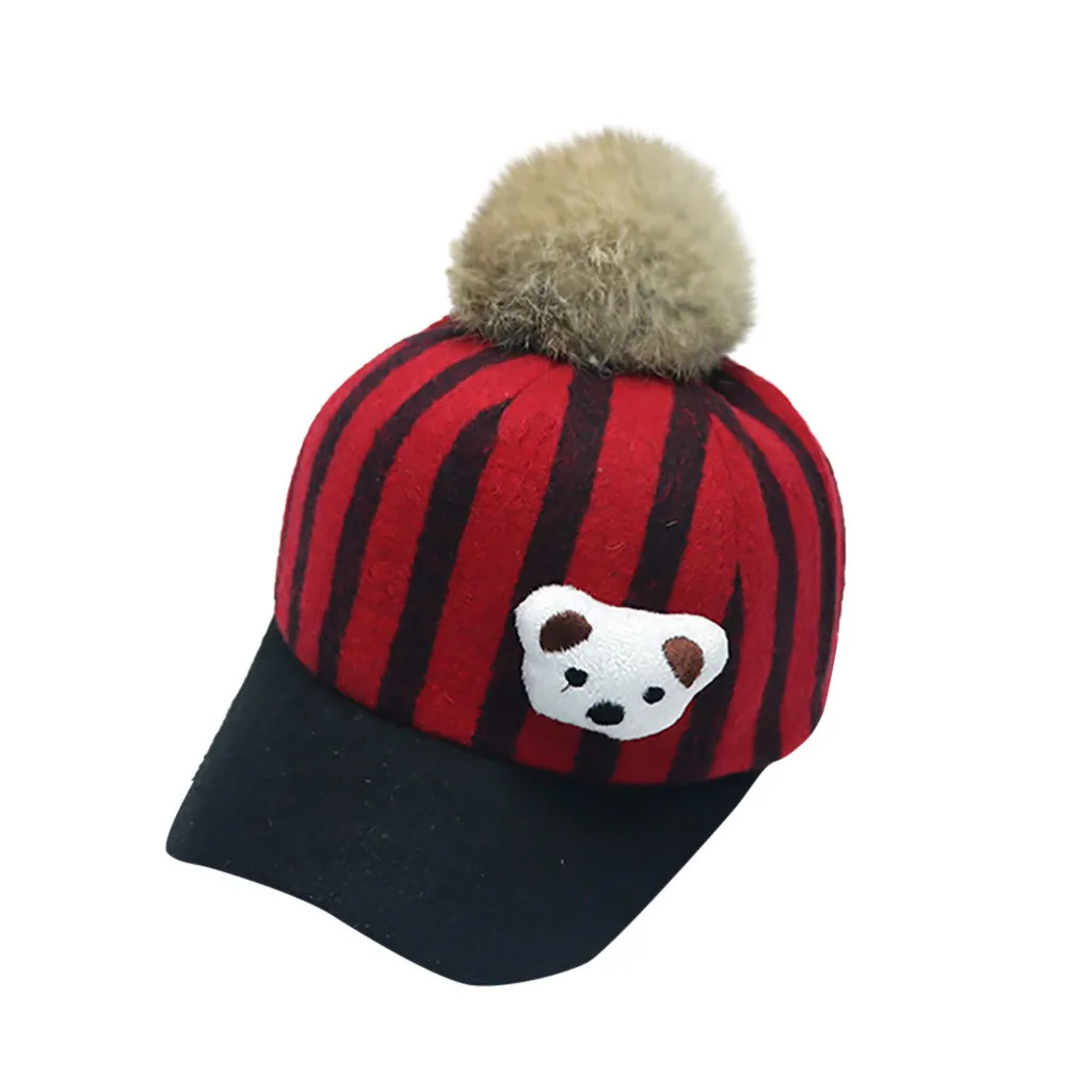 Children Woollen Cloth Stripe Little Bear Hair Ball Baseball Cap Hat Hip Hop Caps Fitted Snapback Cotton sports cap | Аксессуары для