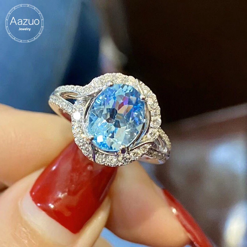 

Aazuo Original Real 18K White Gold Natural Topaz 3.3ct Real Diamonds H SI 0.53ct Crassic Ellipse Ring gifted for Women Au750