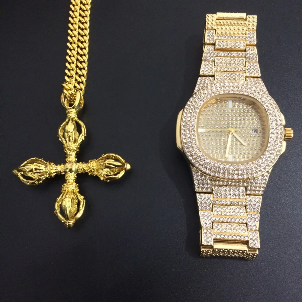 Мужские часы в стиле хип-хоп с кубинским золотым тоном и кулоном виде креста vajra