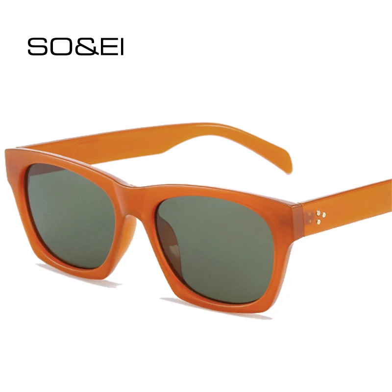 

SO&EI Ins Popular Fashion Square Sunglasses Women Retro Rivets Decoration Shades UV400 Brand Designer Men Dark Green Sun Glasses