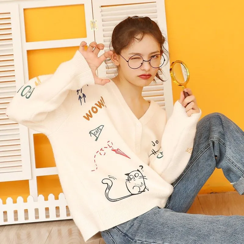 

Женский кардиган, свитер, корейский вариант с принтом милого кота, дизайнерский нишевой свитер свободного кроя, вязаный кардиган, новинка ...