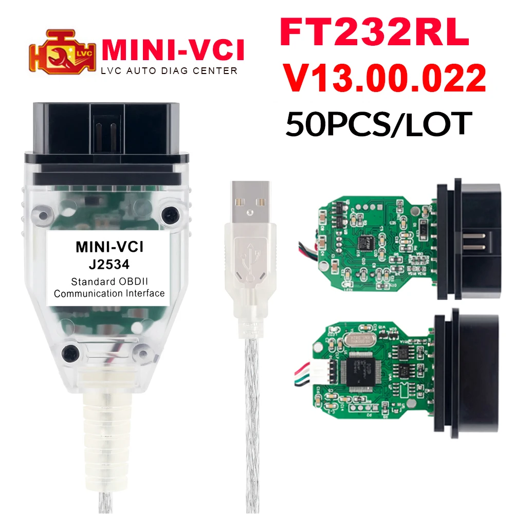 50 шт./лот MINI VCI V13.00.022 obd2 интерфейс для TOYOTA TIS Techstream FTDI FT232RL чип J2534 OBDII