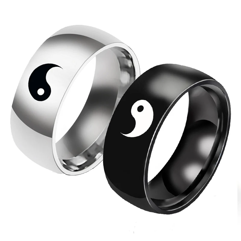 

Черно-белые парные кольца Инь Янь Тай Чи, модные, в китайском стиле для мужчин и женщин, массивное свадебное кольцо из нержавеющей стали