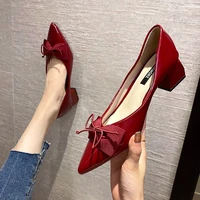 2021 autumn new bowknot womens single shoes pointed thick heel fashion low top shoes high heeled women shoes