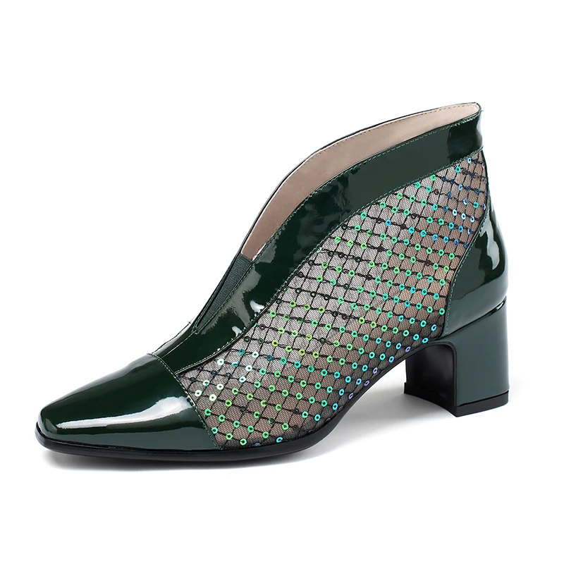 

Summer Genuine Leather Mesh Ankle Boots for Women Summer Single Thick Heels Shoes Newest Party Basic Shoes Woman