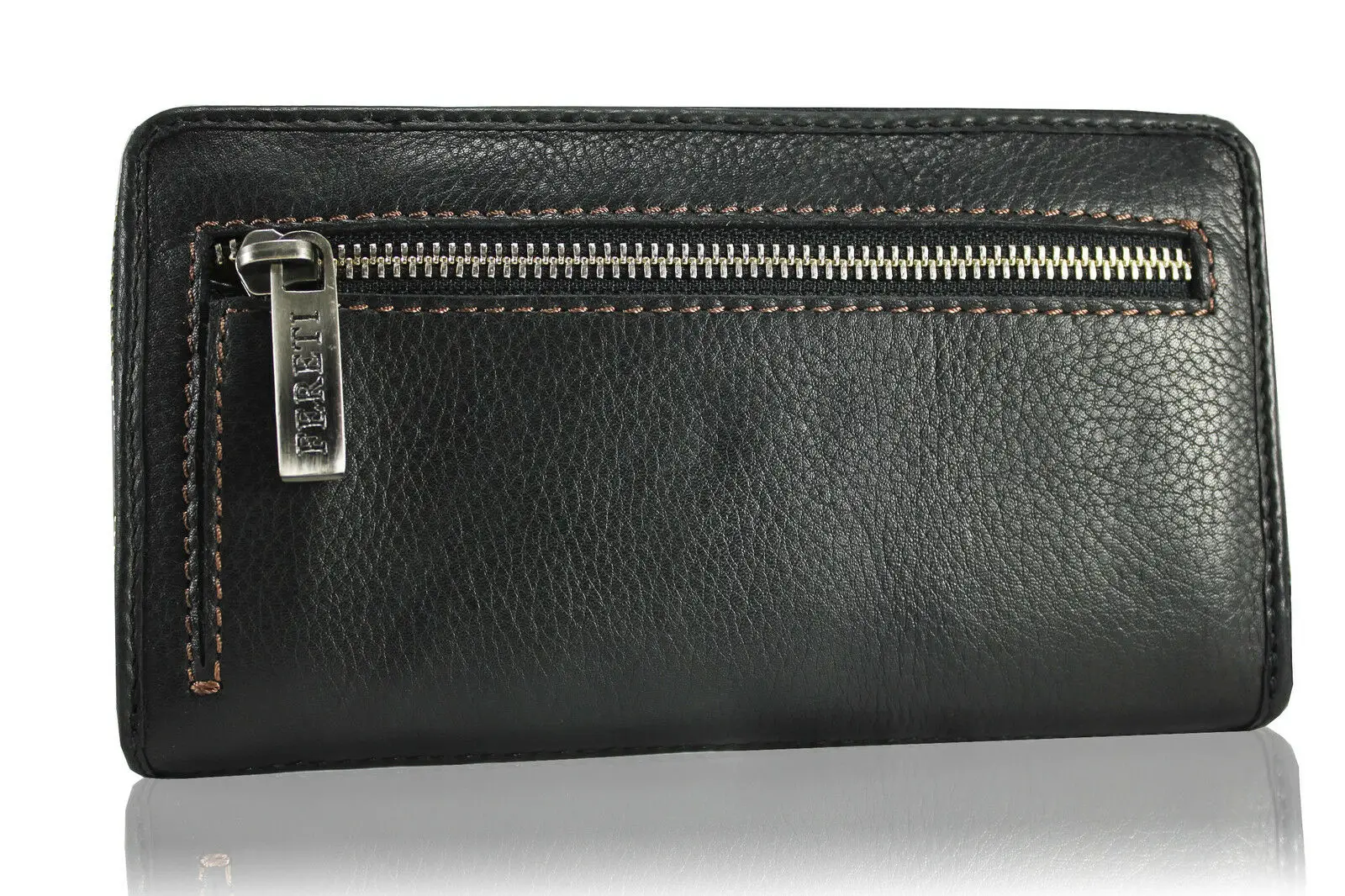 Двухцветный длинный коричневый кошелек из натуральной кожи черный на молнии с