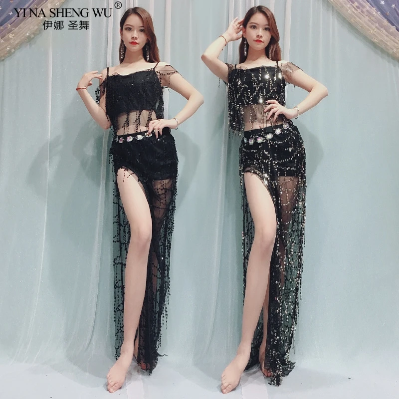 

New Belly Dance Costumes Sexy Oriental Dance Suits Bellydance Sexy Tassel Sequins Top+Hip Scarf Long Dress Practice Clothes Sets