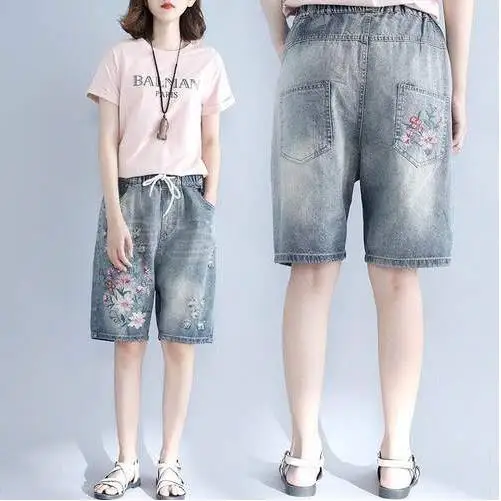 Винтажные пляжные летние джинсы с вышивкой женские Капри эластичным поясом и