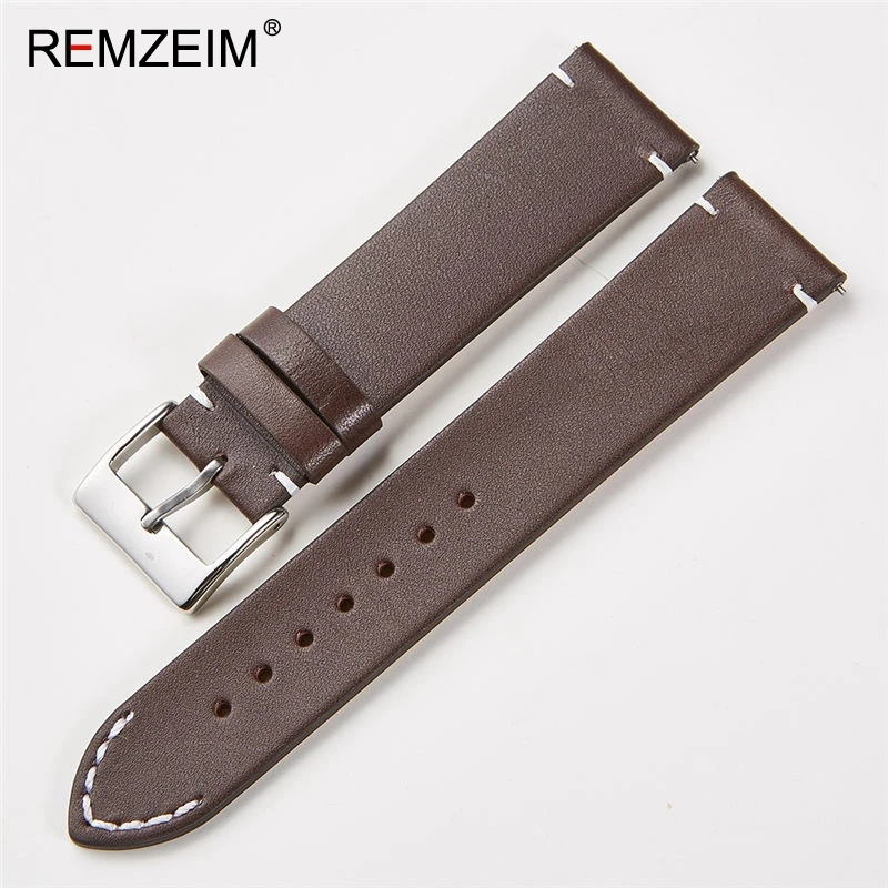 

REMZEIM Genuine Leather Watchband Quick Release Watch Band Wrist Strap 16mm 18mm 20mm 22mm 24mm With Silver Steel Buckle