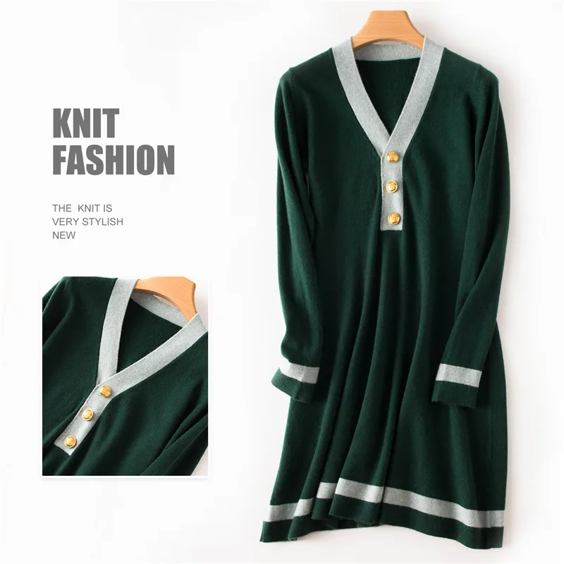 

Pure wool dress female V collar medium and long A sweater skirt slim bottom autumn and winter ins super fire