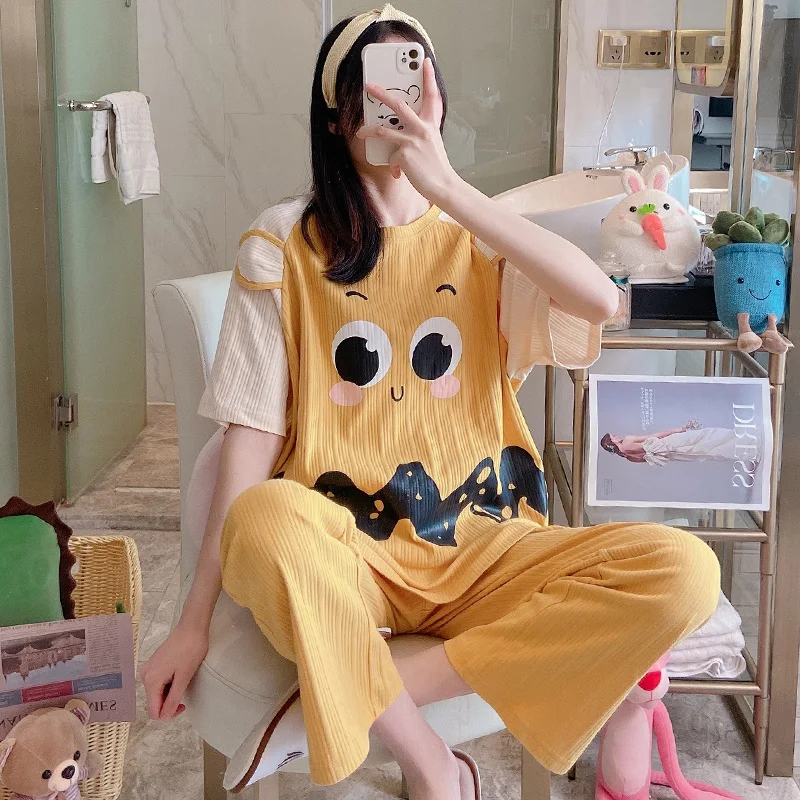 

Lovely Eyes Pajamas Female Spring and Autumn Short Sleeved Pants Pure Cotton Two-Piece Suit Can Outerwear Summer Thin Home