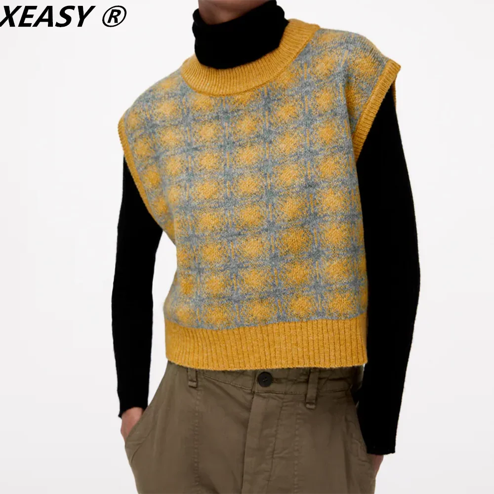 

Женский свитер-жилет XEASY, пуловер Za, винтажные свитера в клетку, с круглым вырезом, вязаные жилеты без рукавов, повседневный женский джемпер, ...