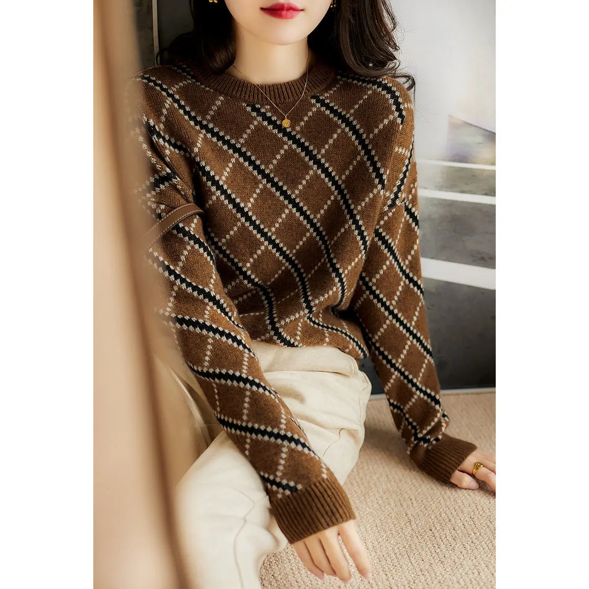 

Fashion Trend Check Wool Imitation Cashmere Sweater Women's 2021 Autumn and Winter New Joker Pullover Jacket