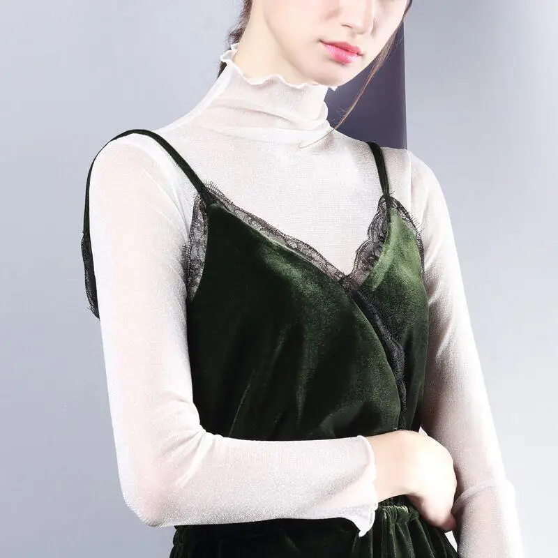 Блестящая прозрачная водолазка с сеткой сексуальные женские прозрачные белые