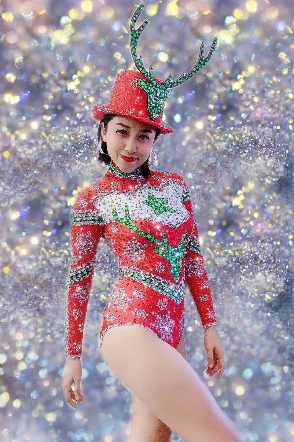 2020 Women New Silver Red Rhinestones Printing Bodysuit Christmas Bar Singer Sexy Outfit Stage Dance Birthday Prom Show Bodysuit