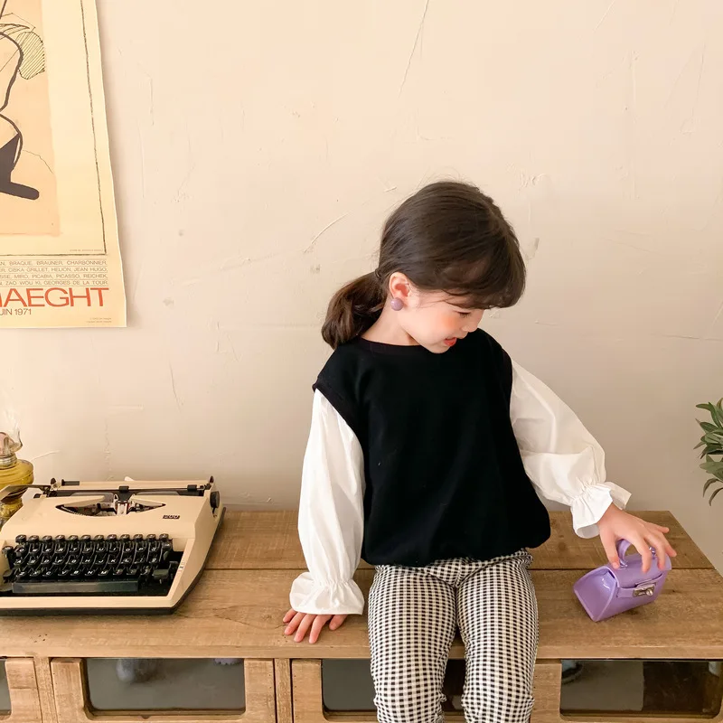 

Children's cotton sweaters 2021 spring new girls' contrast stitching sweaters, children's Korean sweet wind tops, baby sweaters