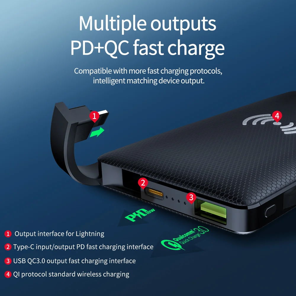 Hoco 3в1 QC3.0+ PD 18 Вт power Bank 10000 мА-ч, беспроводное зарядное устройство power bank с кабелем для iPhone X 11 Pro HUAWEI mate 30 быстрое зарядное устройство