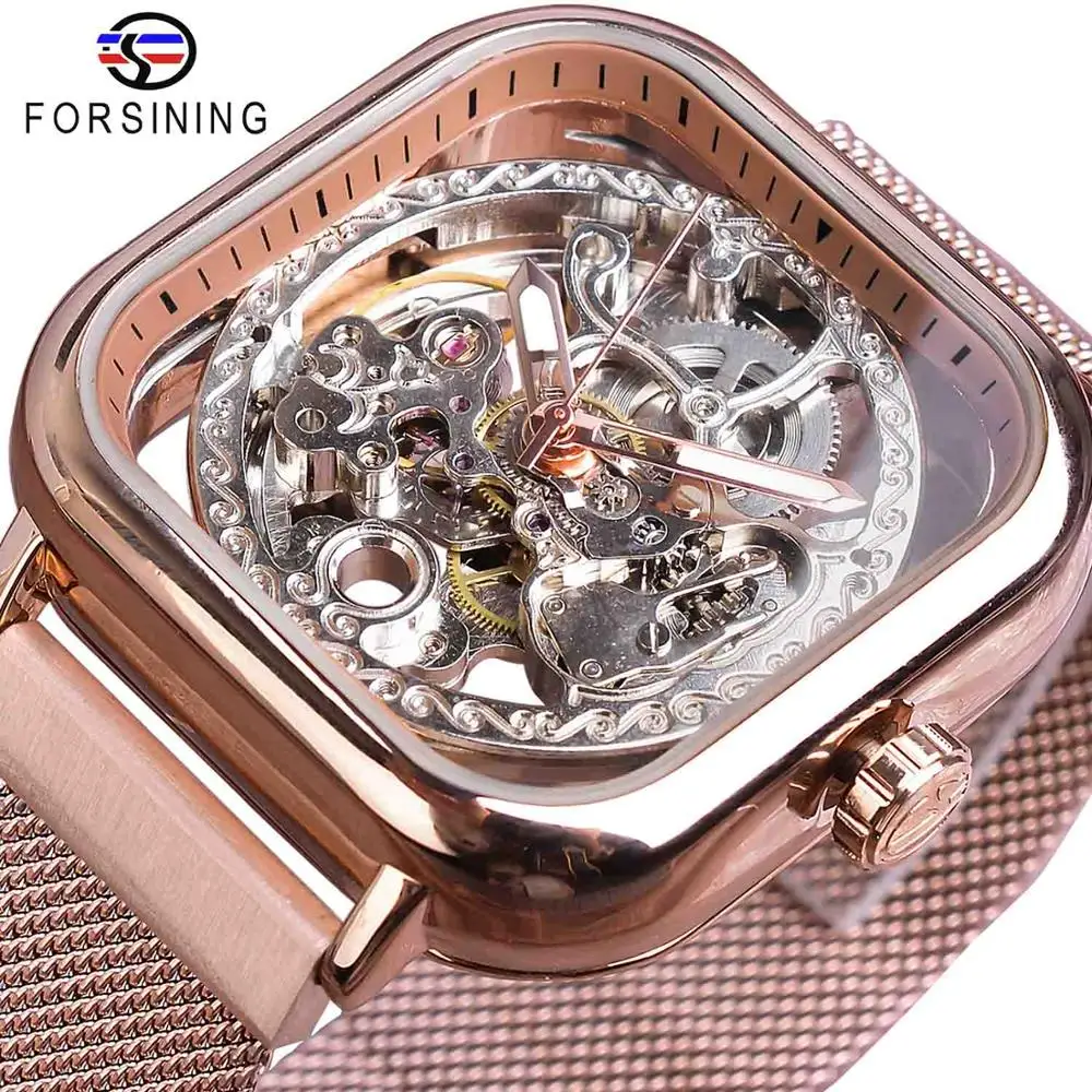 GMT1148-5 Forsining Golden Men Automatic Watch Square Skeleton Mesh Steel Band Mechanical Business Clock Relogio Masculino Erkek Kol Saati - Цвет: GMT1148-5