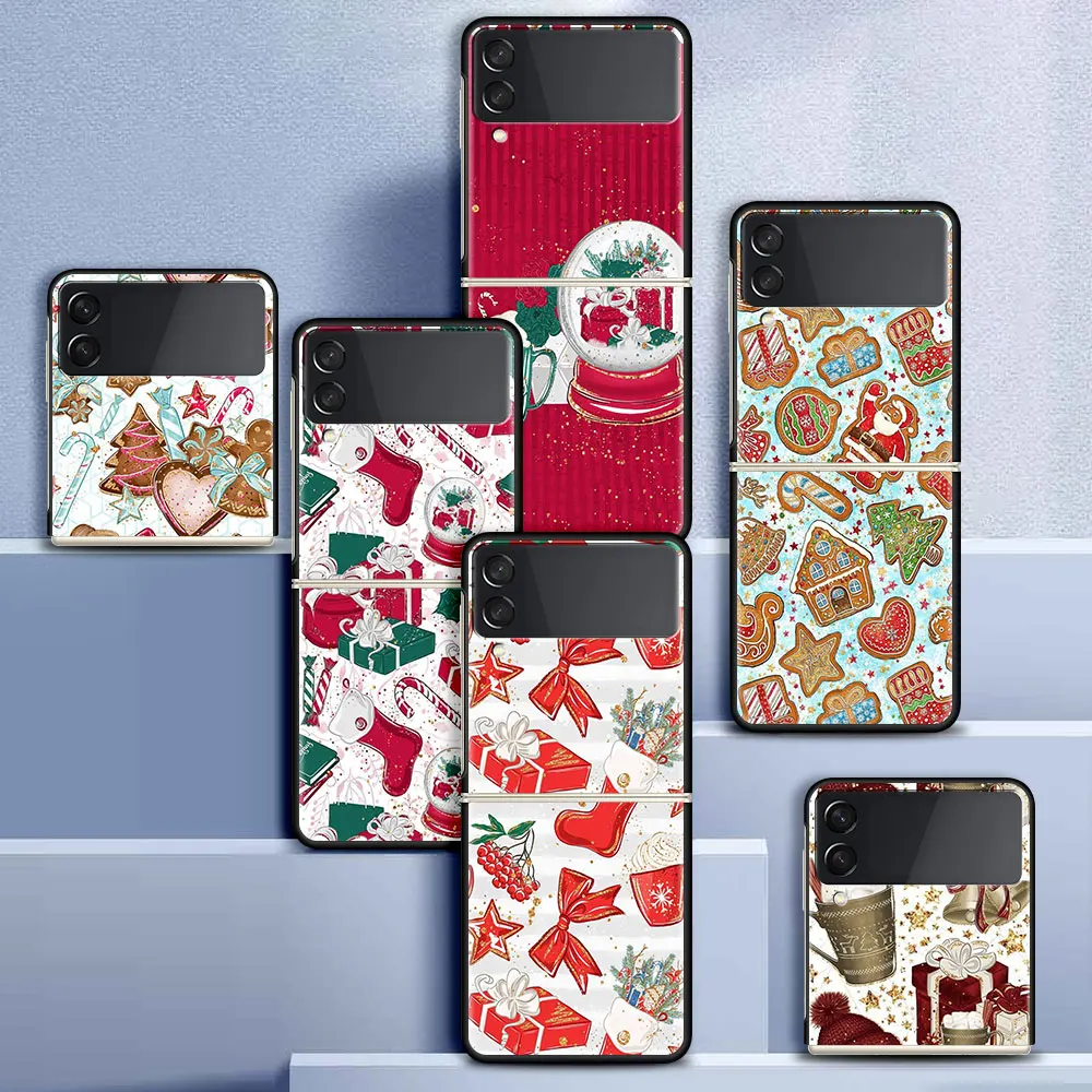 

Case For Samsung Galaxy Z Flip 3 5G Black Hard PC Phone Housing Z flip3 Luxury Segmented Cover Cell Christmas Cartoon Cute