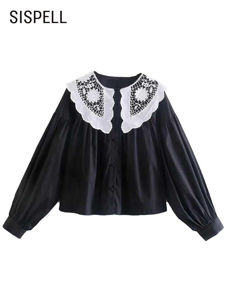 

Женская блузка с вышивкой SISPELL, черная плиссированная блузка с круглым вырезом и длинным рукавом, в двух тонах, для осени, 2021