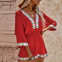red summer dress boho fashion sequins v neck lace middle sleeve elastic waist mini dress casual beach shein dresses for women