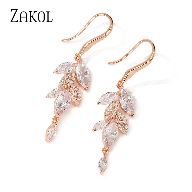 ZAKOL Модные женские филиал прозрачный фианит длинные роскошные серьги для женщин