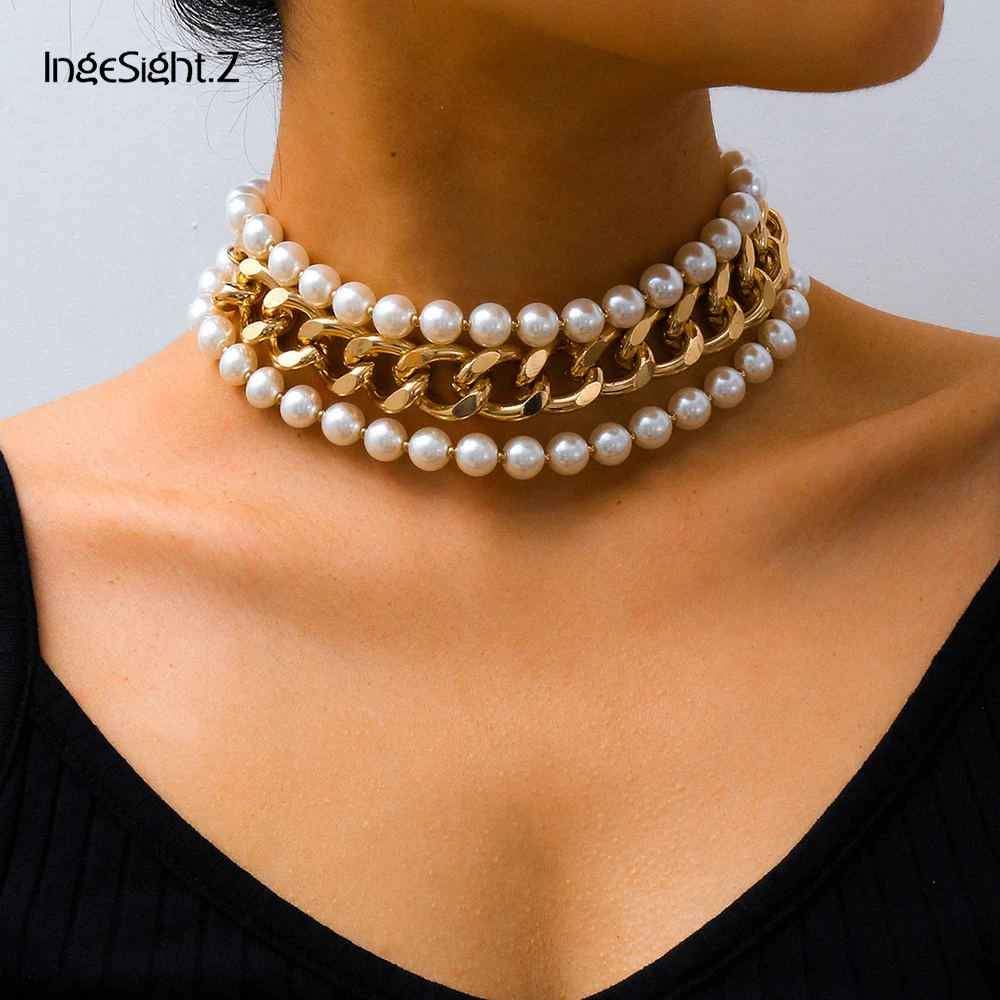

IngeSight.Z 3Pcs/Set Multilayer Imitation Pearl Choker Necklace Thick Chunky Curb Miami Cuban Collar Clavicle Necklaces Jewelry