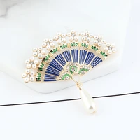 chinese style brooches retro drop oil pearl rhinestone bamboo fan pendant brooch fashionable corsage pin for women suit jewelry