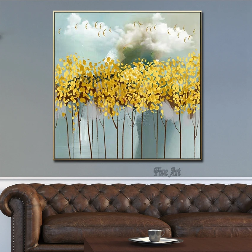 Современная Золотая текстурированная картина с деревьями Настенная