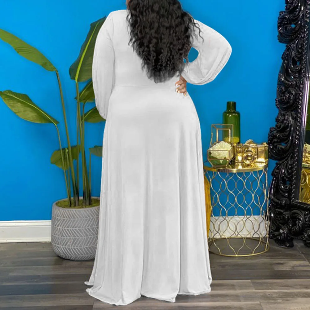 

Autumn New Plus Size Women's Clothing Europe America Sexy Split Fork Hollow Out Solid Color V-neck Dress Long Sleeve Casual 2021
