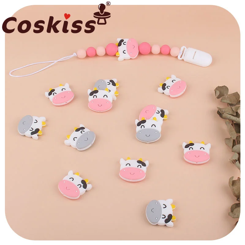 

Coskiss 10pcs Mini Silicone cow Beads Cartoon Teether DIY Baby Pacifier Teething Making Necklace Sensory Toy Food Grade Beads